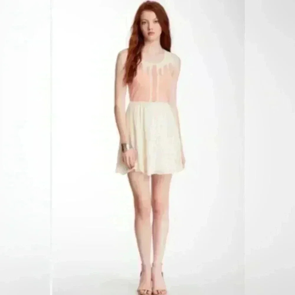 Flying Tomato Peach Summer Dress with Beige Lace Skirt & Tribal Print Size L